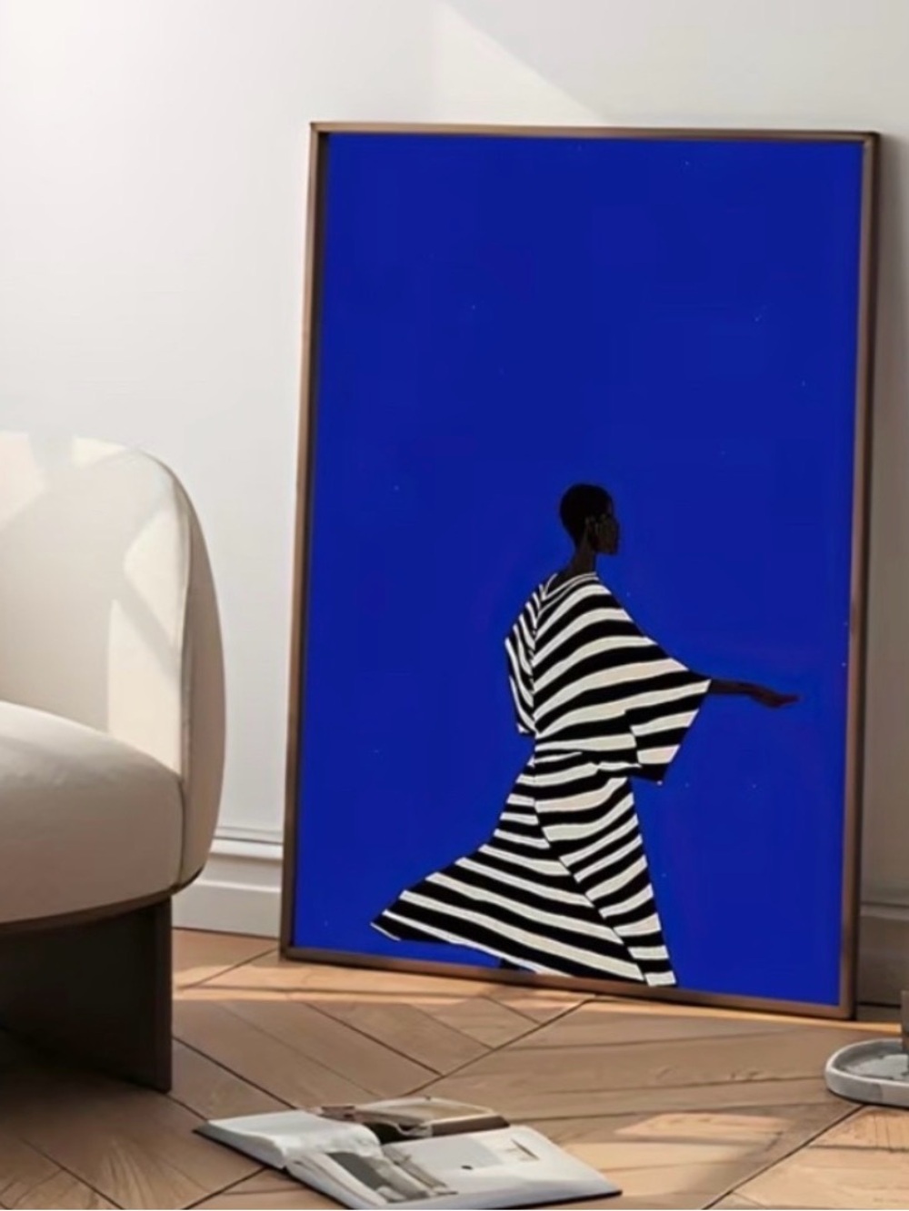 Blue Abstract Figure Art Print with Black & White Striped Dress Unframed Canva
